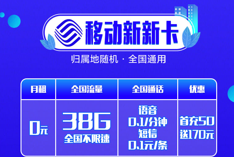 唐山移動手機卡流量卡 低至0元38G大流量享充值優惠