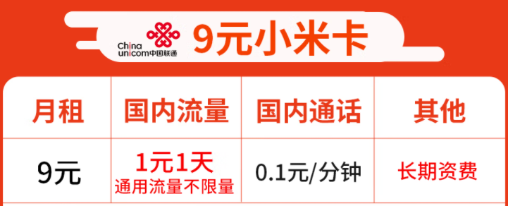 中國聯通小米9元卡1天1元錢通用流量不限量 20G后限速