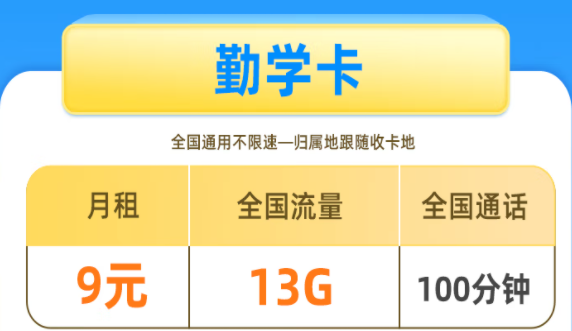 中國(guó)聯(lián)通勤學(xué)卡 9元13G全國(guó)流量+100分鐘+歸屬地可選