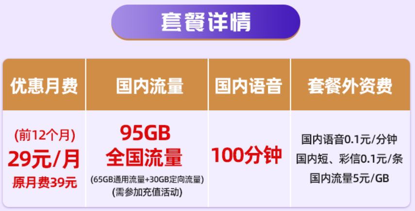 江蘇電信 29元超大流量卡享65GB通用流量+30GB定向流量+100國內語音