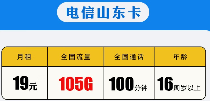 中國移動 【地區卡】山東電信19元包105G全國流量+100分鐘通話 長期有效套餐卡