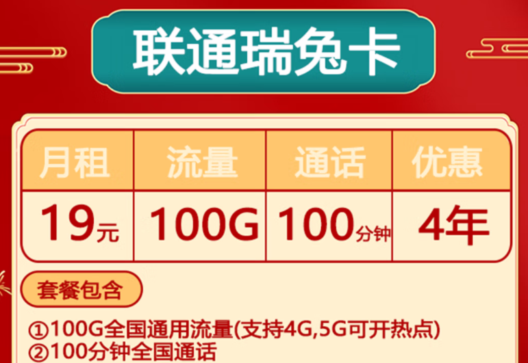 兔年頂呱呱聯通流量卡 全國通用限速5G手機卡大流量低月租瑞兔卡僅需19元