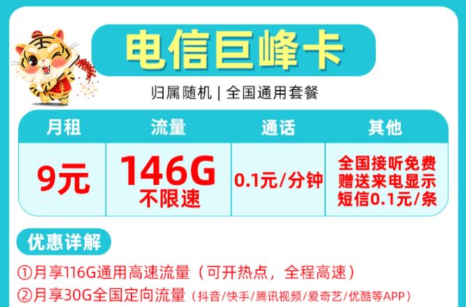 非常受歡迎的流量卡套餐有哪些？電信巨峰卡9元包含146G全國(guó)來(lái)了不限速+首月免費(fèi)