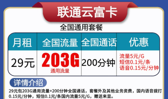 聯(lián)通云富卡29元203G流量+200分語音、天啟卡9元100G流量|純通用流量卡|無合約不虛量