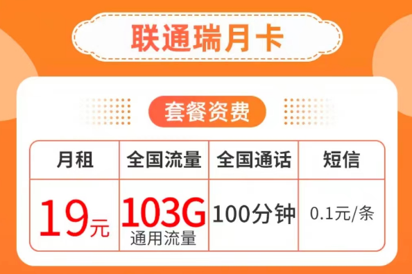 19元103G純通用流量卡套餐|聯通瑞月卡、聯通流量王卡|103G通用+100分鐘語音