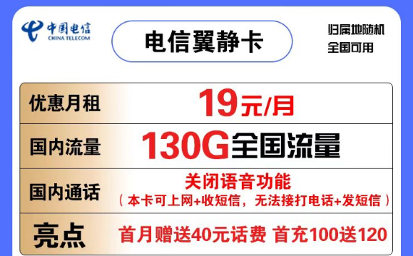 擁有高速上網體驗的電信純流量卡|電信翼靜卡19元130G流量+首月免費體驗+長期