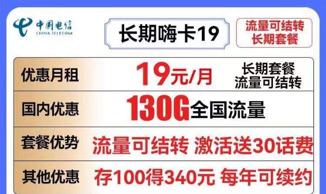 電信19元長期嗨卡19元130G流量+長期可用|關于流量結轉的一些介紹