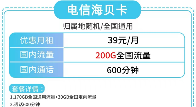 電信海貝卡、電信草莓卡|大流量200G、180G|更多優(yōu)惠套餐包郵到家