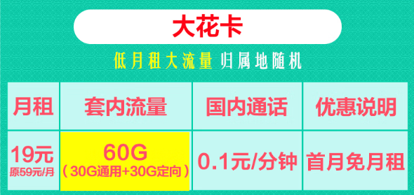 19元聯通大花卡60G流量+29元聯通黃金卡204G通用+100分鐘！